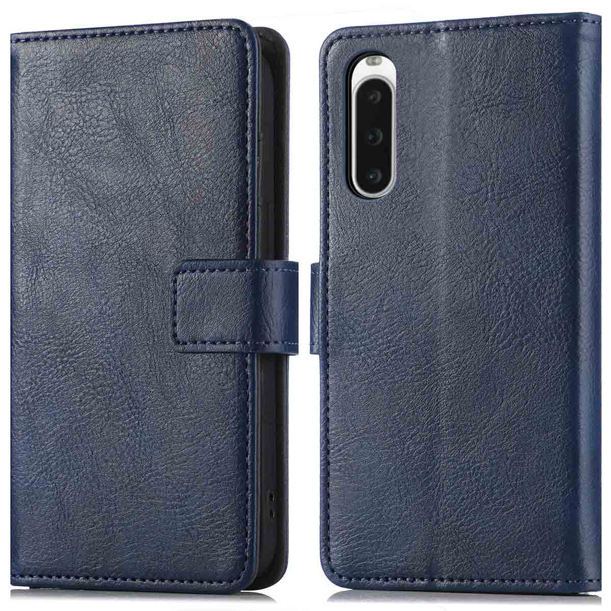 Un étui de téléphone en cuir bleu marine, ouvert, montrant le téléphone et ses boutons, avec une fermeture magnétique.
