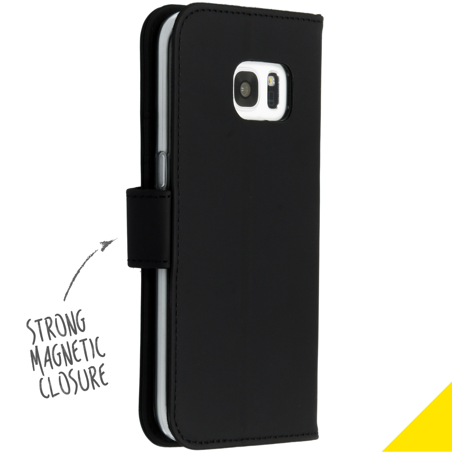 Een zwarte telefoonhoes. De hoes is gesloten met een magnetische sluiting. De hoes beschermt de telefoon.
