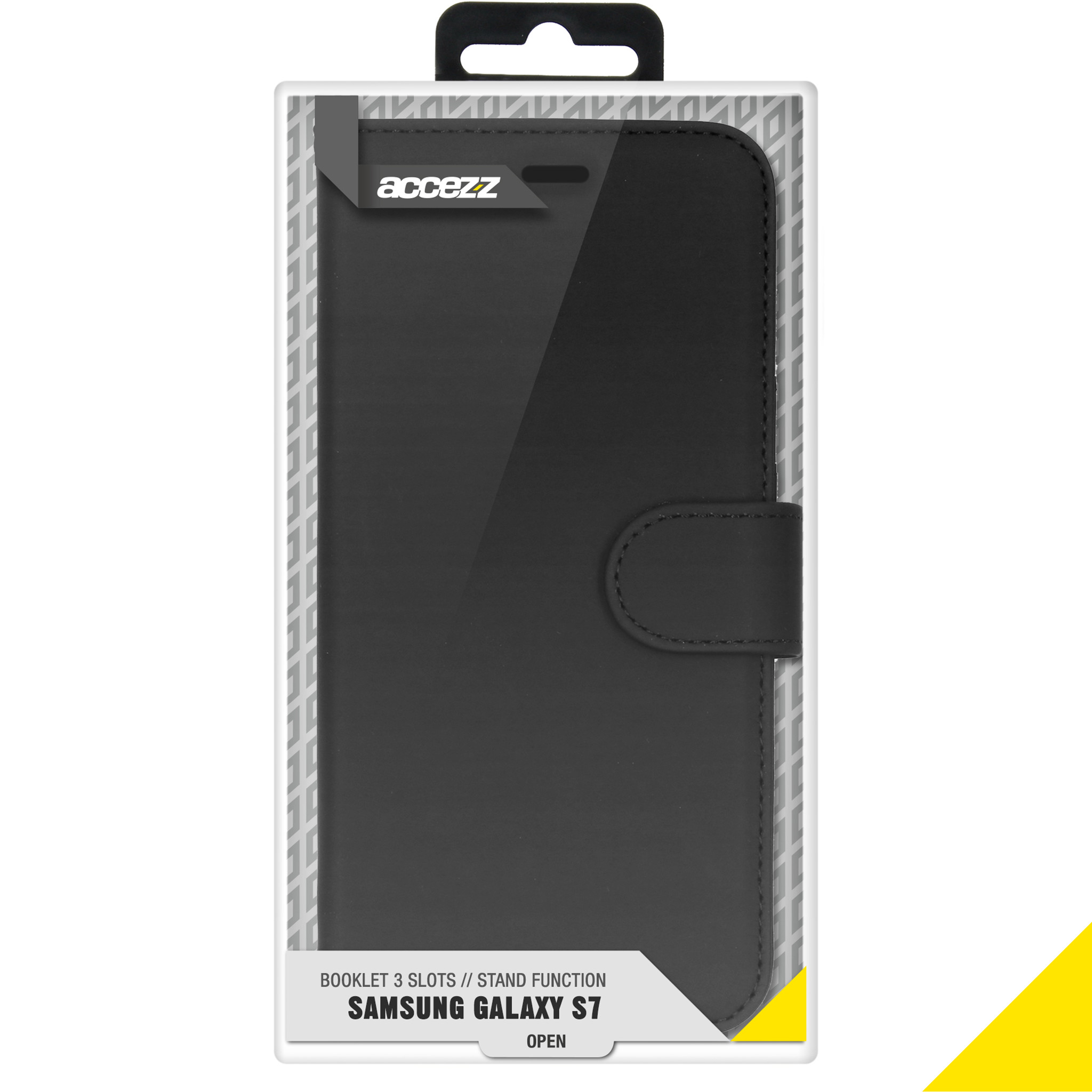Een zwarte telefoonhoes, boekstijl, met open zicht. De hoes is voor Samsung Galaxy S7.