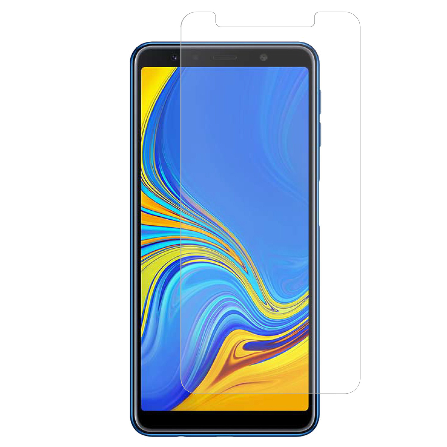 Blauwe telefoon met een transparante screenprotector aangebracht. De protector bedekt het hele scherm.