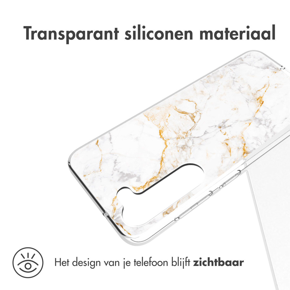 Clear phone case with white marble design. The phone design is visible.
