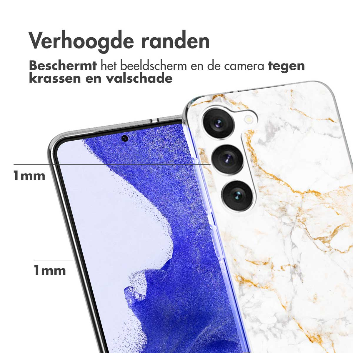 Phone case with phone inside. Shows raised edges for screen and camera protection. White marble design.