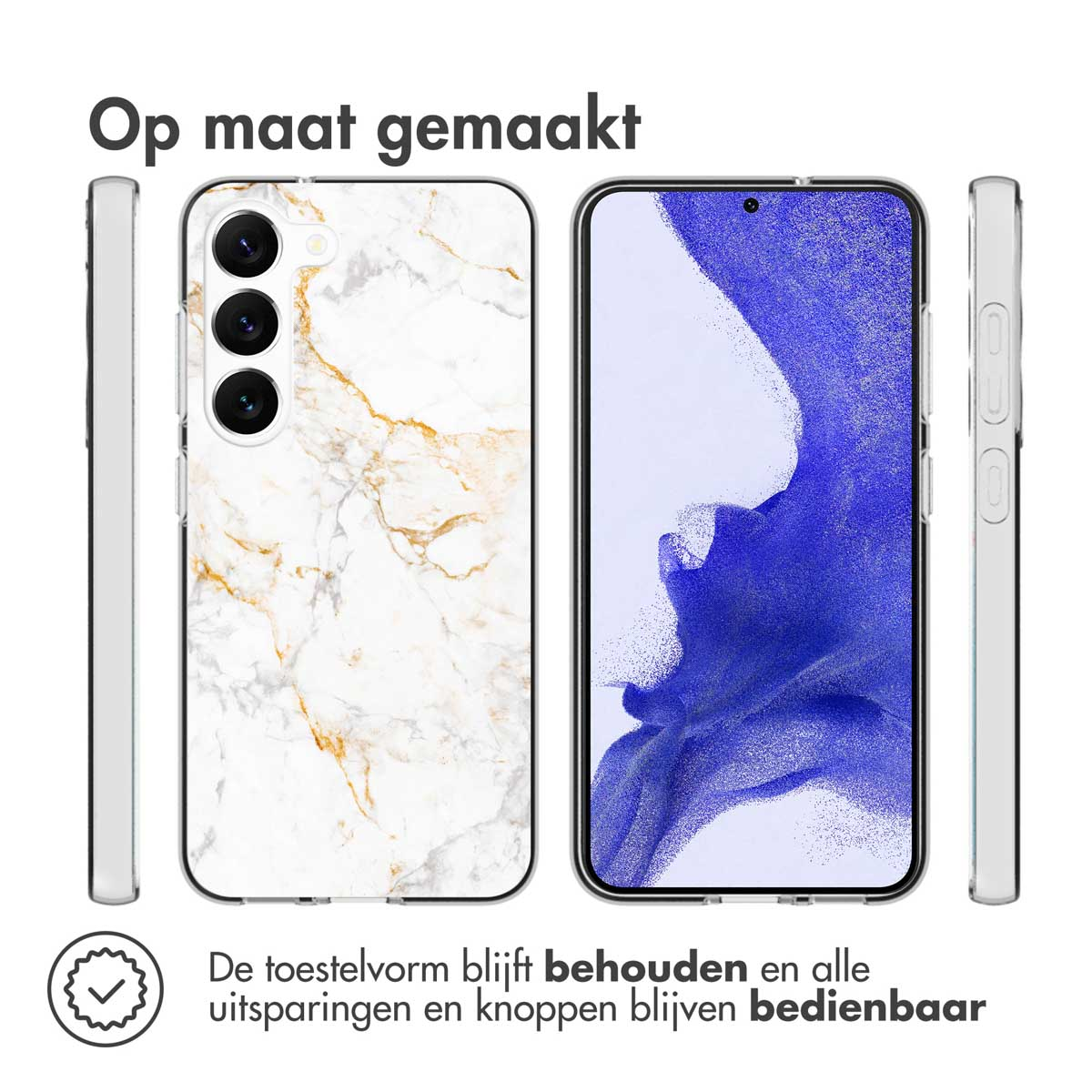 A phone case with a marble design. The phone's shape is preserved. All cutouts and buttons are usable.