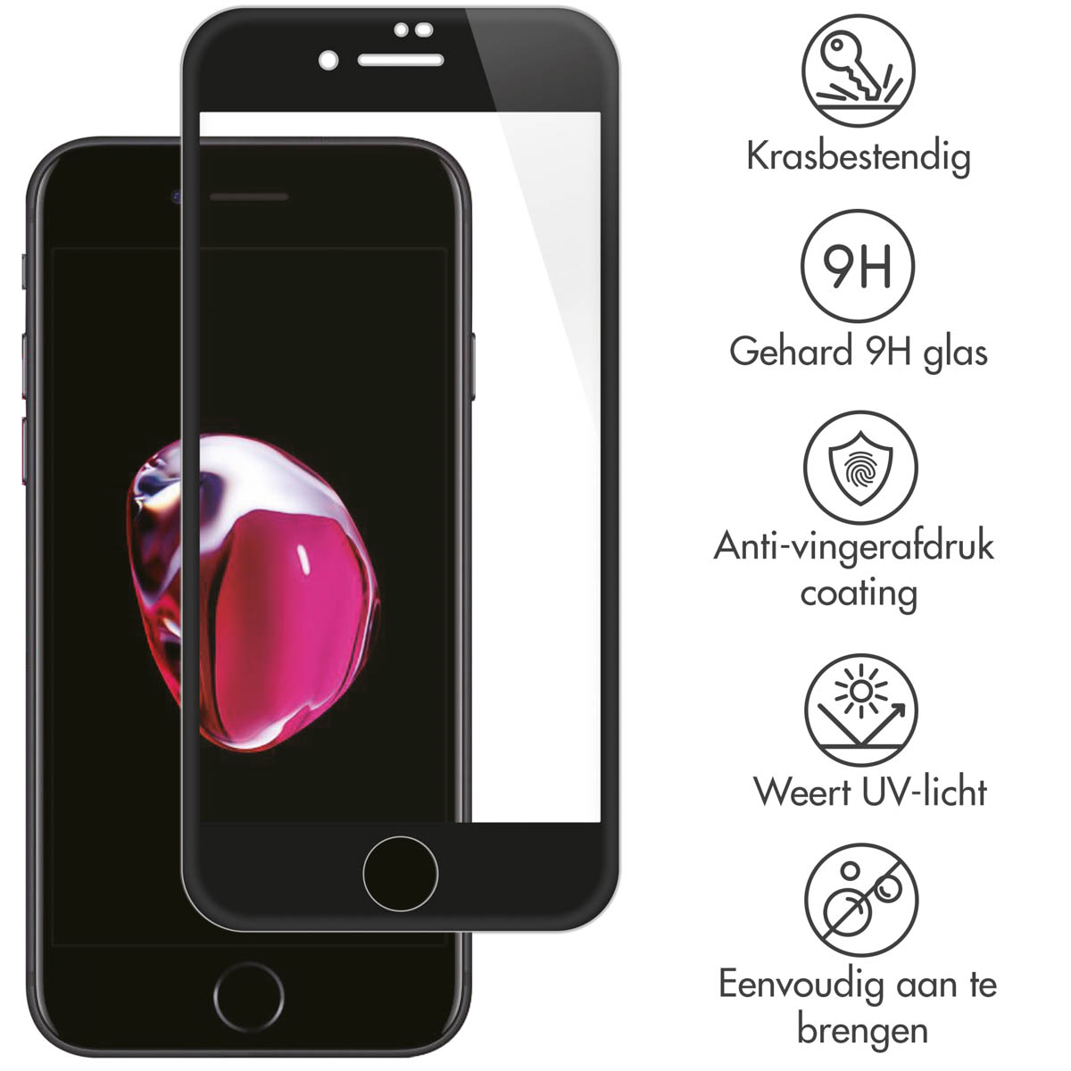 Twee zwarte telefoons met schermbeschermer. Pictogrammen tonen functies zoals krasbestendigheid en UV-bescherming.