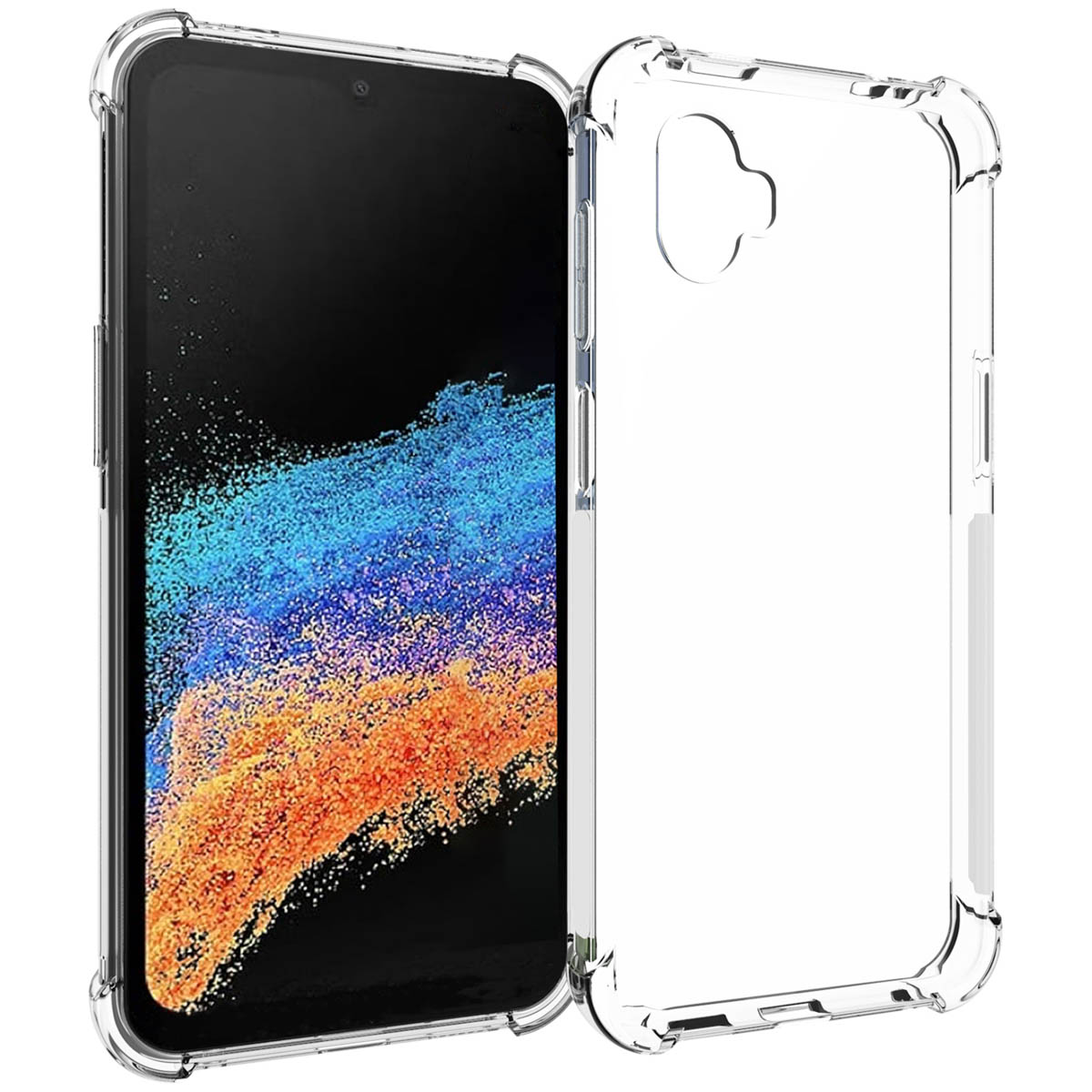 Une coque de téléphone transparente avec un téléphone à l'intérieur. Le téléphone est noir avec un design bleu.