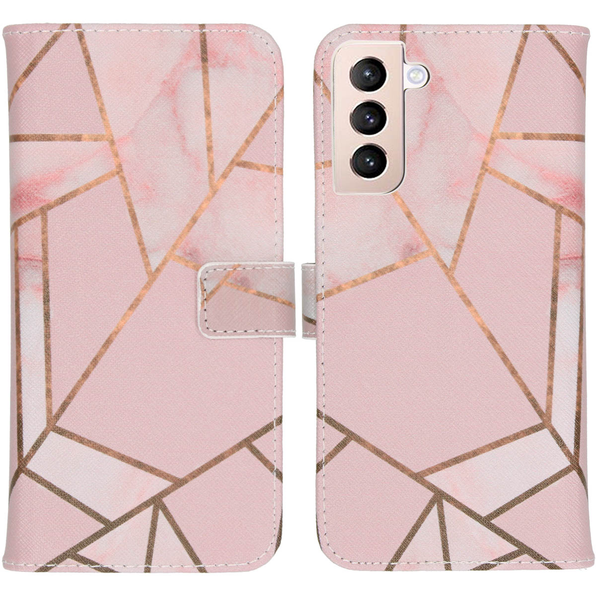 Coque de téléphone rose avec motif géométrique doré. Téléphone à droite. Fermeture magnétique.