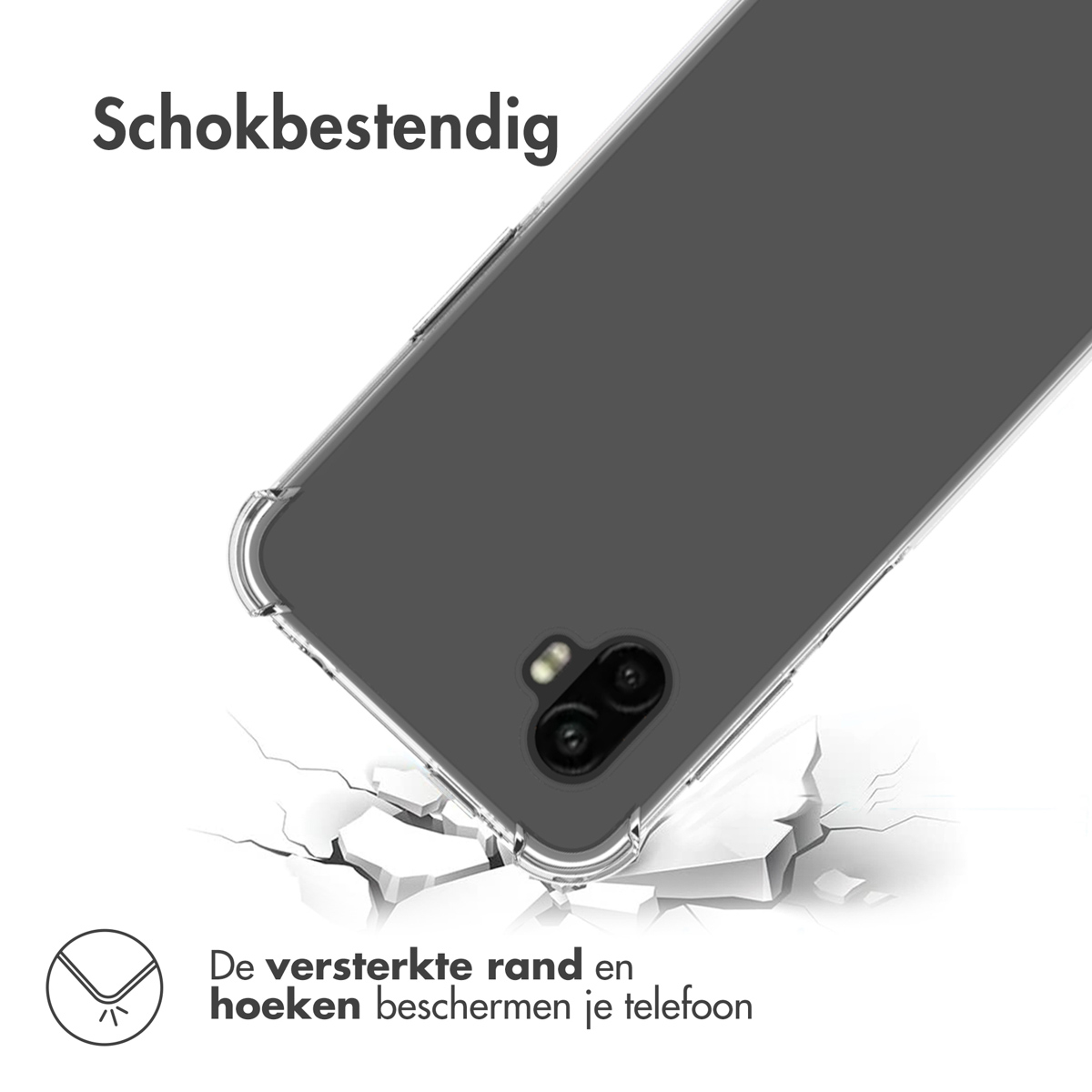 Une coque de téléphone sur une surface blanche. Grise et transparente, avec du texte au-dessus. Test d'impact, surface fissurée.