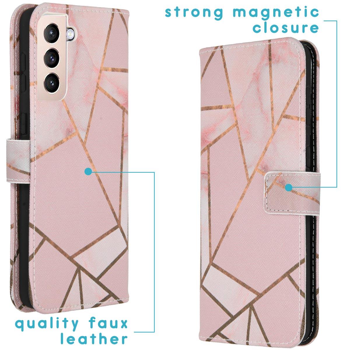 Un étui de téléphone rose à motifs marbrés avec fermeture magnétique, étiqueté comme cuir synthétique de qualité.