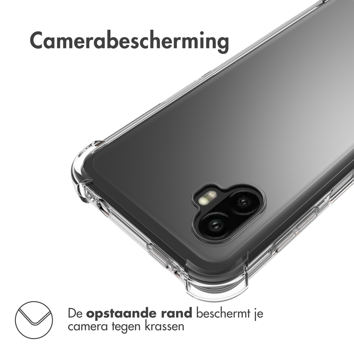 Une coque transparente protège l'appareil photo. Le texte dit 'Camerabescherming' et décrit le bord surélevé protégeant l'appareil des rayures.