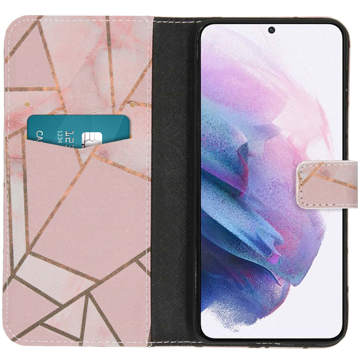 Une coque de téléphone rose avec un motif marbré, avec un téléphone à l'intérieur et une carte. Elle possède une fente pour carte.