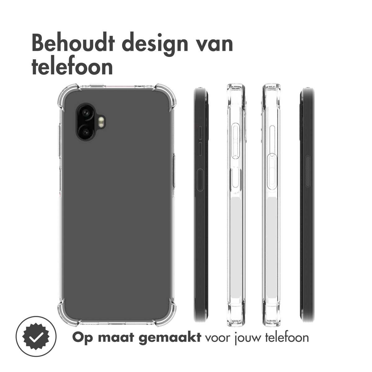 Une coque de téléphone avec différentes vues : avant, côté et dessus. Le texte dit 'Maintient le design du téléphone'. La coque est transparente avec un téléphone foncé.