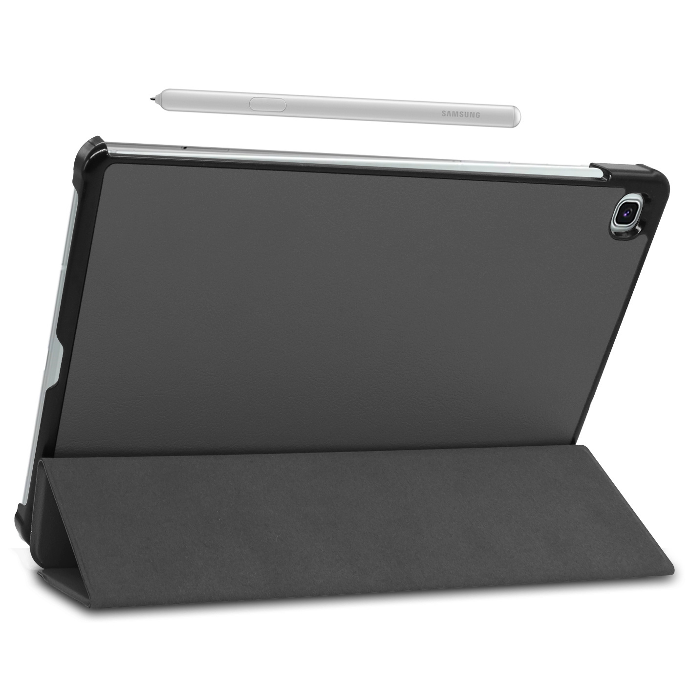 Tablet met een hoes en stylus. De tablet staat op een witte achtergrond, met een zwarte stylus.