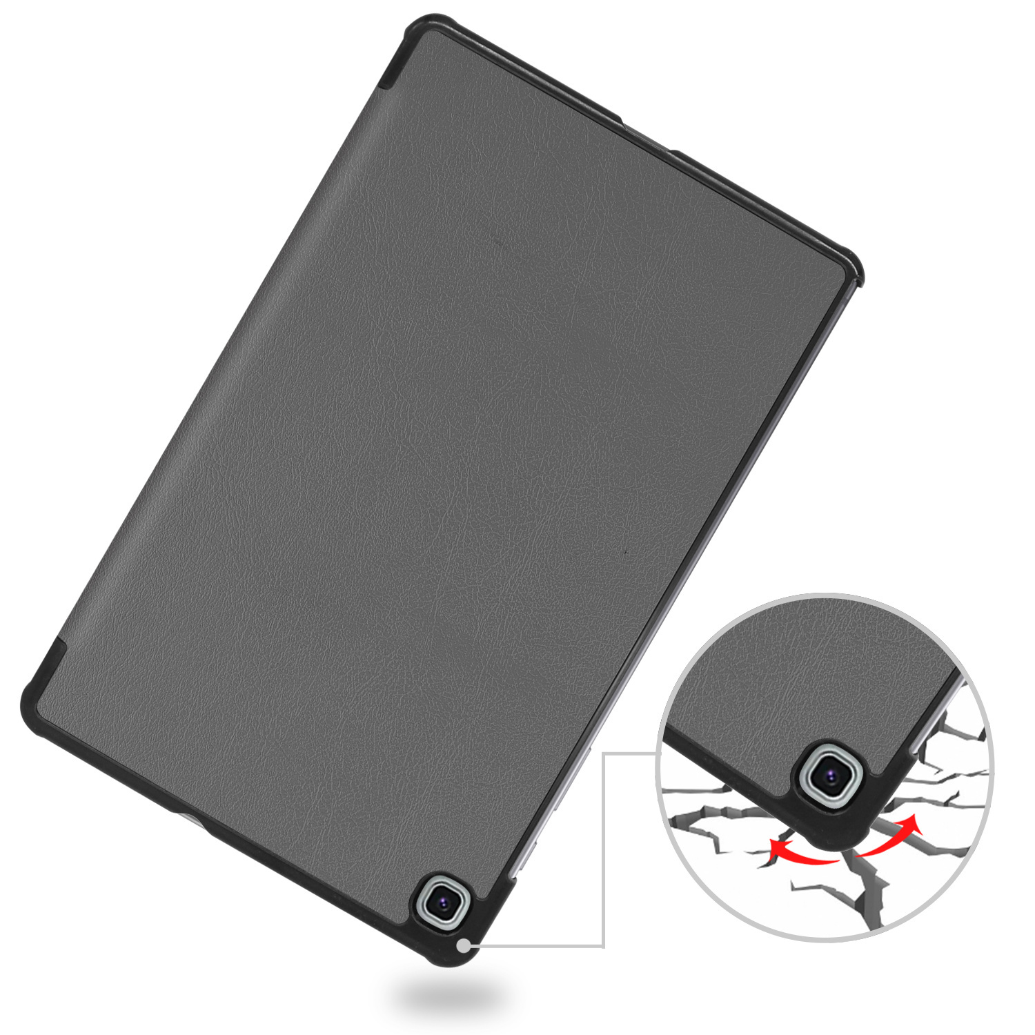 Grijze tablethoes. Tablet zit erin. Toont bescherming rond de hoeken.