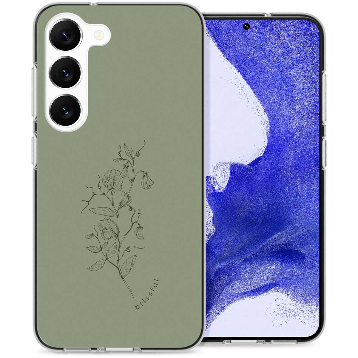 Custodia verde con design floreale. La custodia è su un telefono.