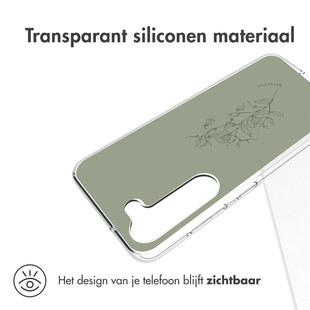 Una custodia trasparente per telefono con un design floreale. Il testo dice: "Materiale siliconico trasparente".