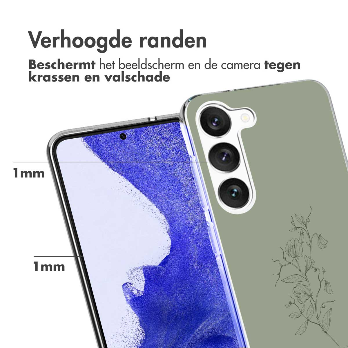 Telefono con custodia, che mostra bordi rialzati per protezione schermo e fotocamera. 1mm segnato.