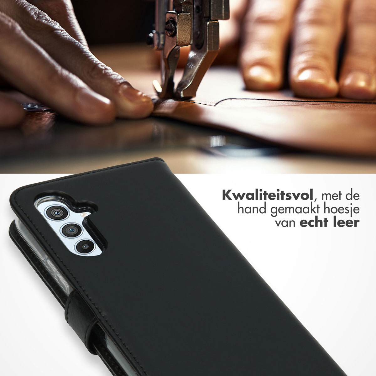 Une main coud du cuir avec une machine. Un étui noir pour téléphone est au premier plan.