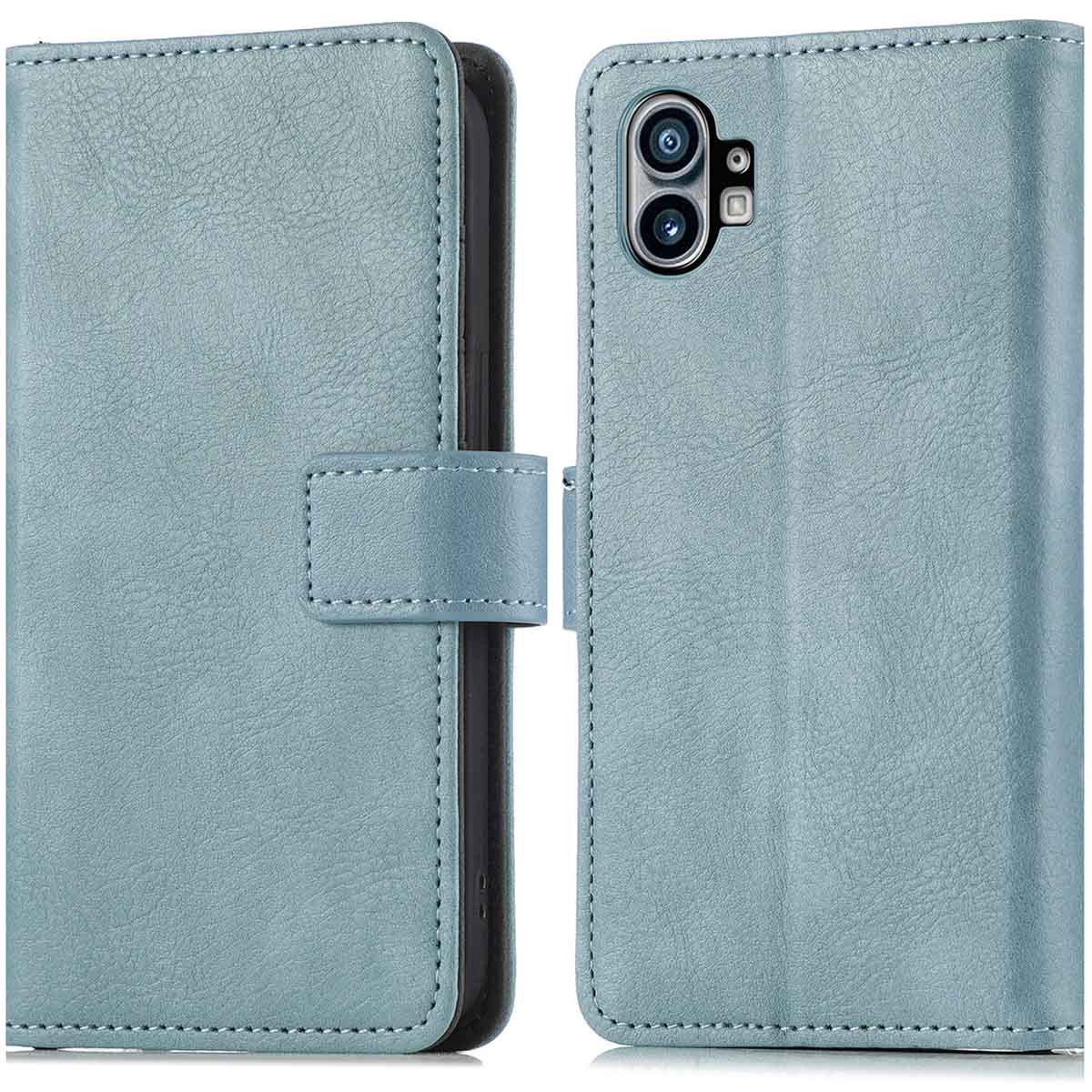 Blauwe leren telefoonhoes. Het is een gesloten hoes, met een magnetische sluiting, beschermt de telefoon.