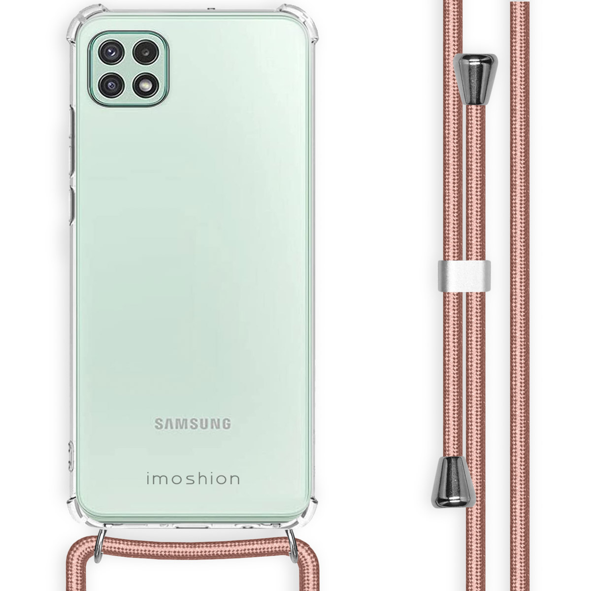 Transparante telefoonhoes met mintgroene telefoon erin. Het heeft ook een roze koord.