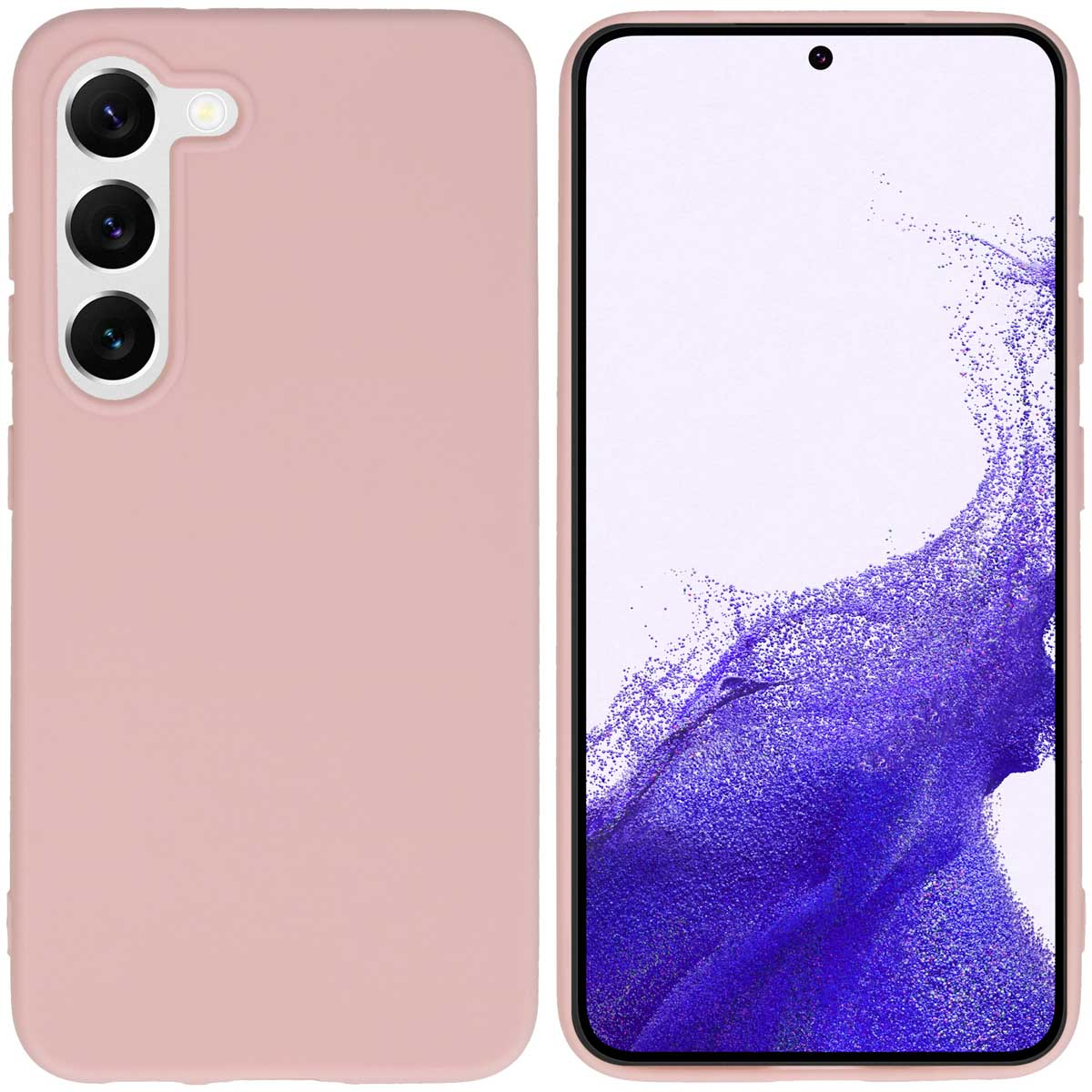 Twee telefoons in roze hoesjes. Eén met een achterkant met camera's, de andere met een scherm.
