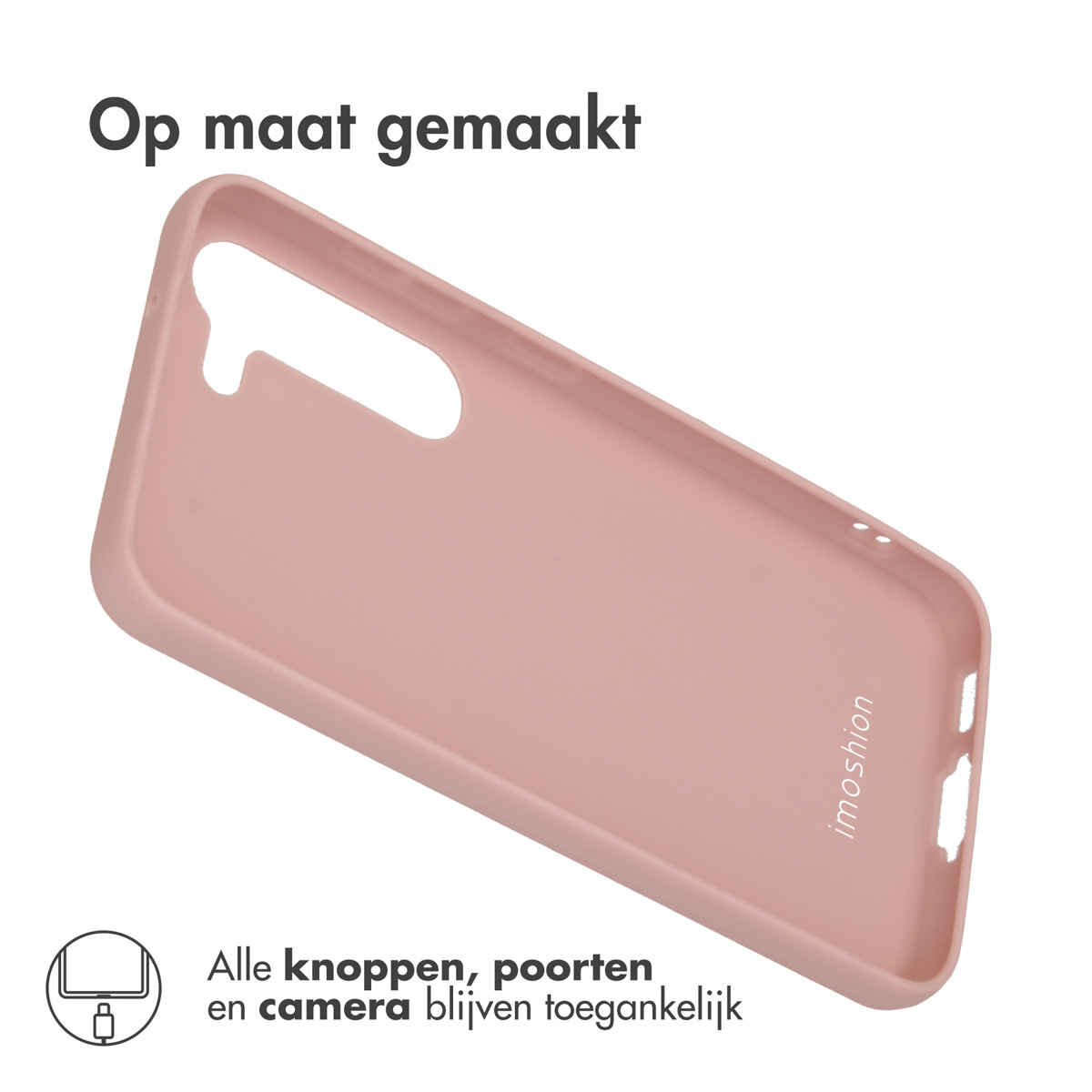 Een roze telefoonhoes, met een telefoon erin. Tekst zegt dat alle knoppen, poorten en camera's toegankelijk blijven.