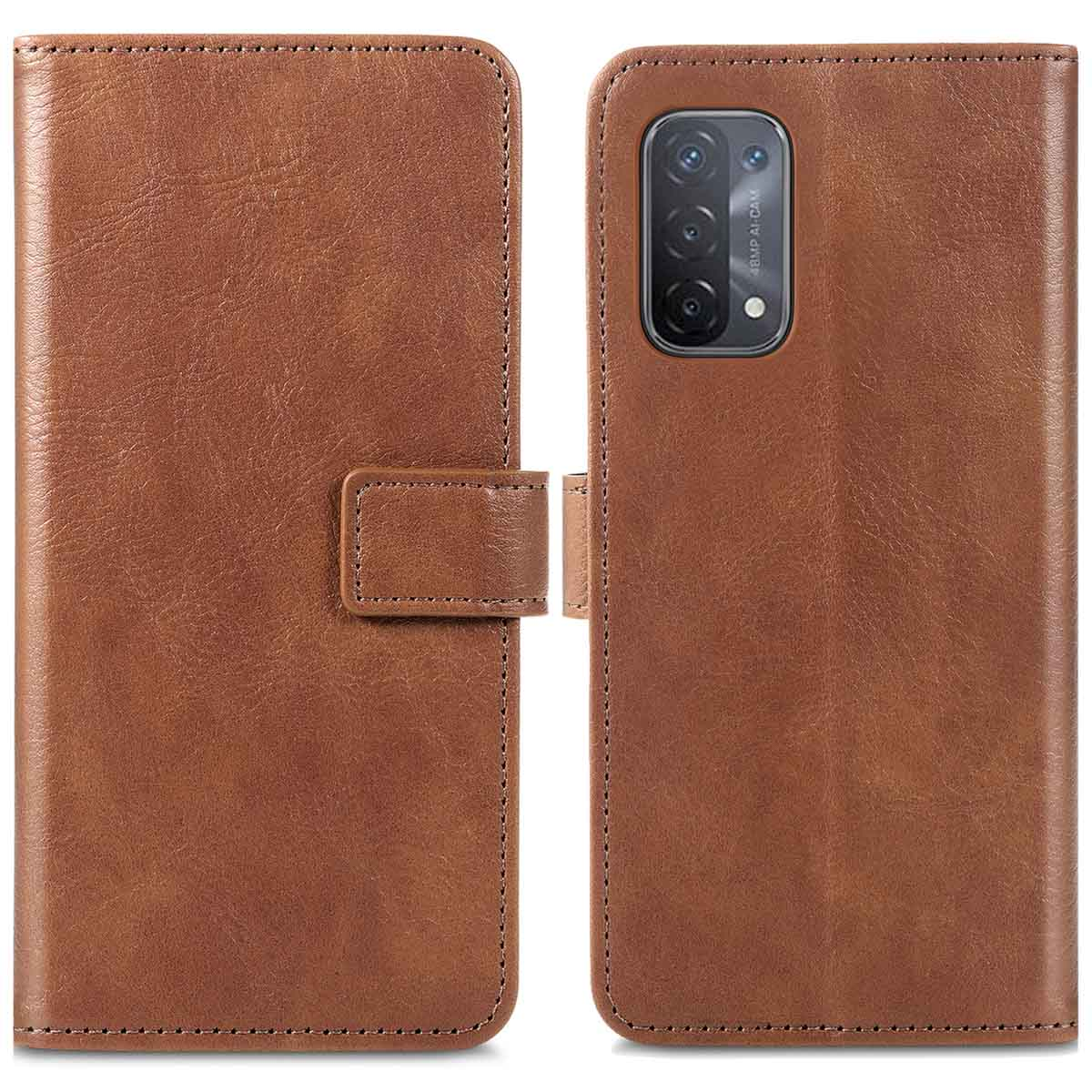 Un étui de téléphone marron, ouvert pour afficher le téléphone et son appareil photo, avec un design cousu.