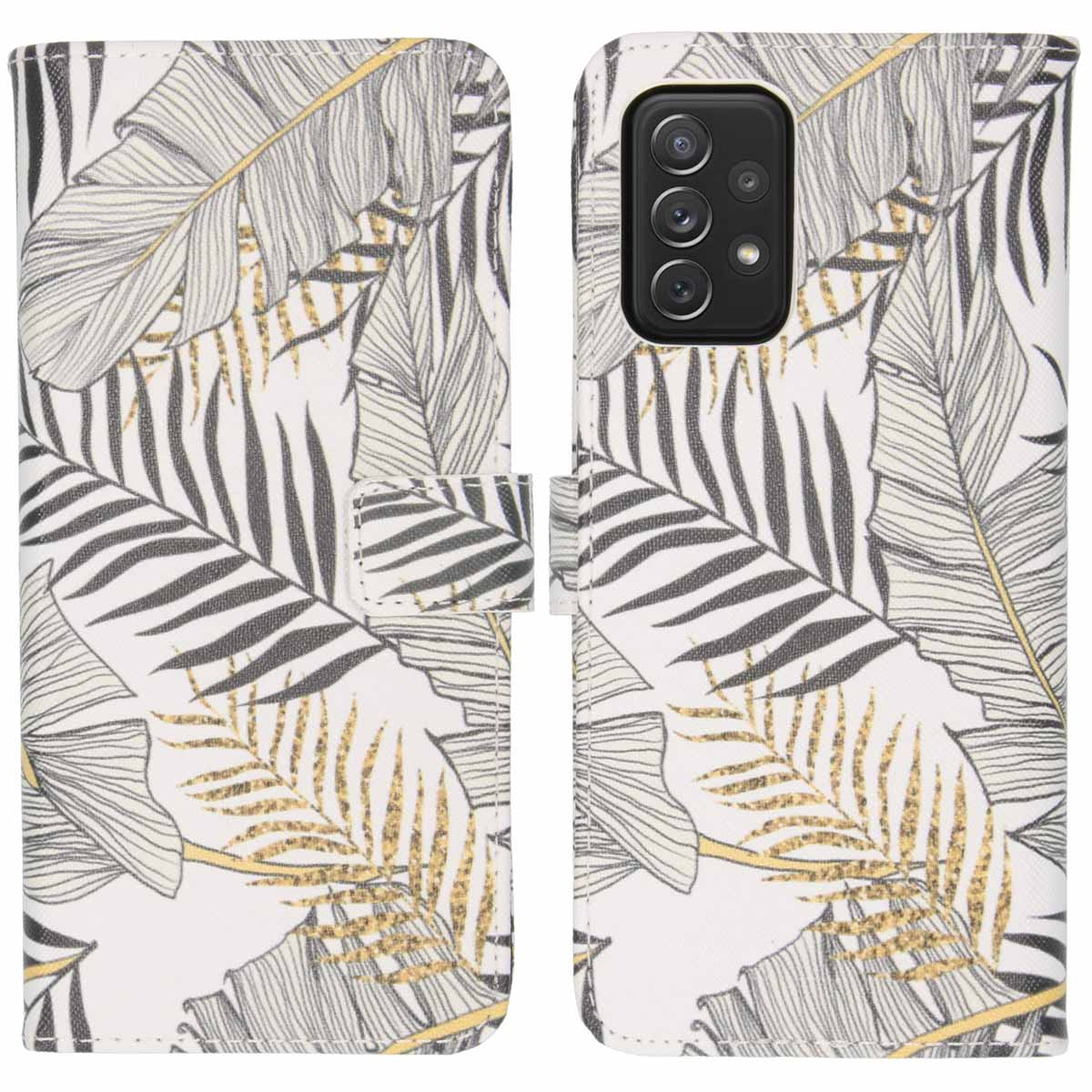Étui portefeuille pour téléphone, ouvert. Couverture blanche avec motif de feuilles noires et dorées.
