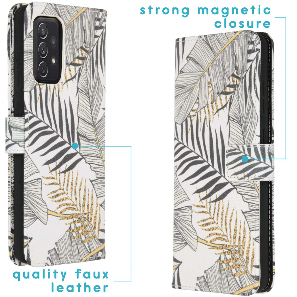 Étui de téléphone avec fond blanc et motif de feuilles. Fermeture magnétique puissante.