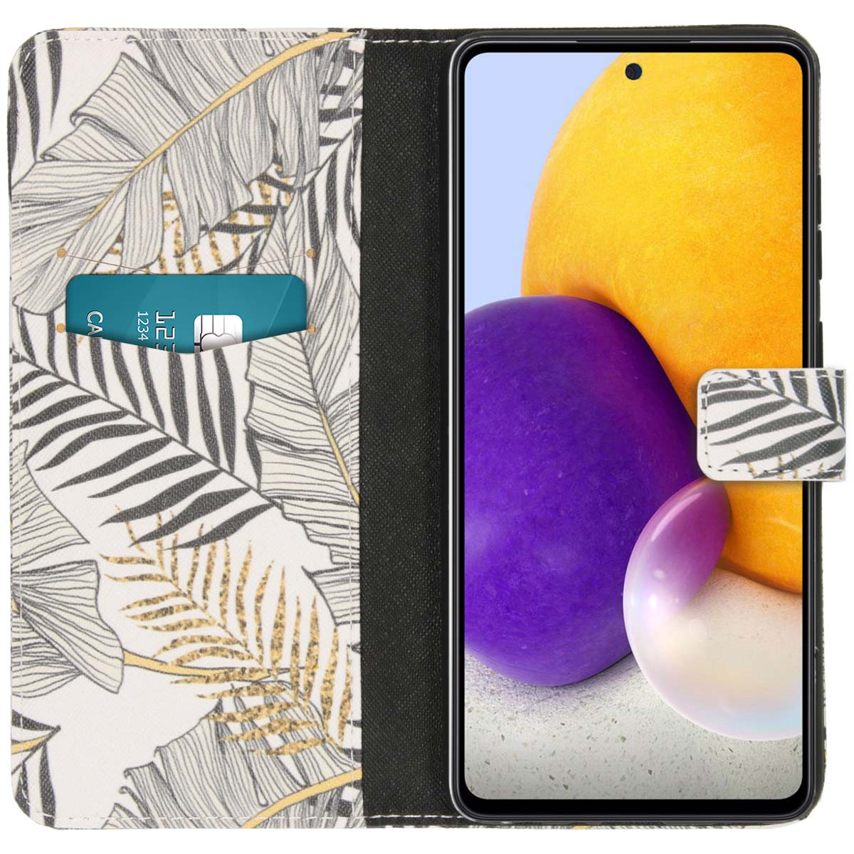 Coque de téléphone avec motif floral. L'écran affiche des couleurs jaune, violet et blanc.