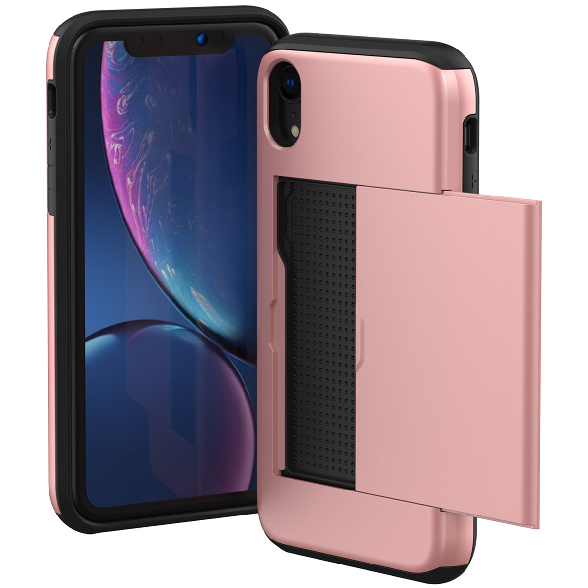 Coque de téléphone rose avec fente pour carte. Le téléphone est à l'intérieur. Le fond est blanc.