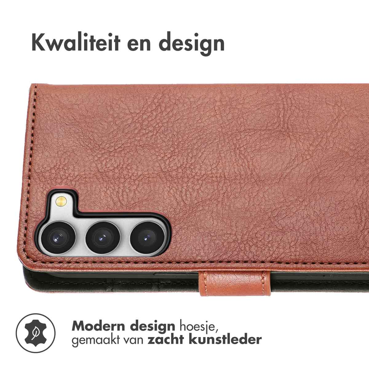 Telefoonhoesje, bruin met een telefoon erin. Tekst: modern design, gemaakt van zacht kunstleer.