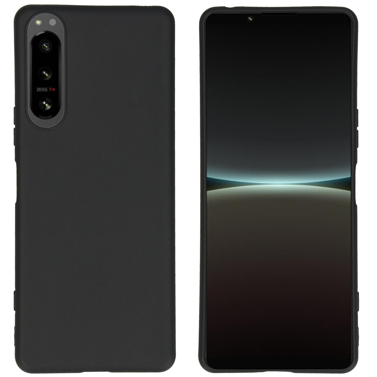 Coque noire et dos d'un téléphone noir, côte à côte.