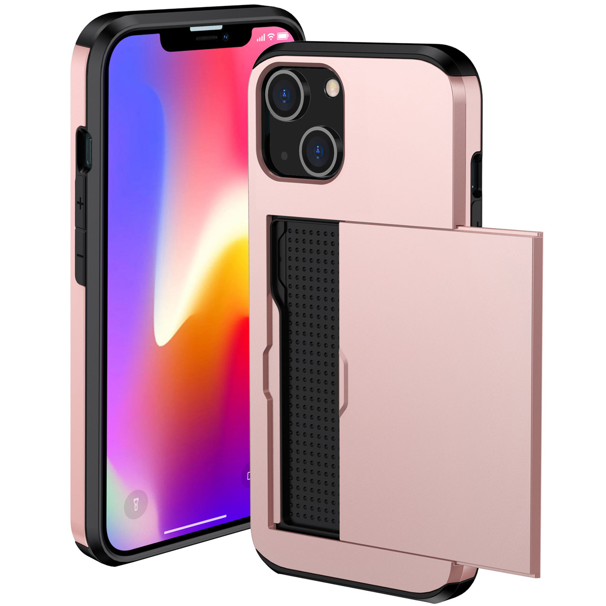 Roze telefoonhoes met kaartsleuf. Telefoon is links zichtbaar.