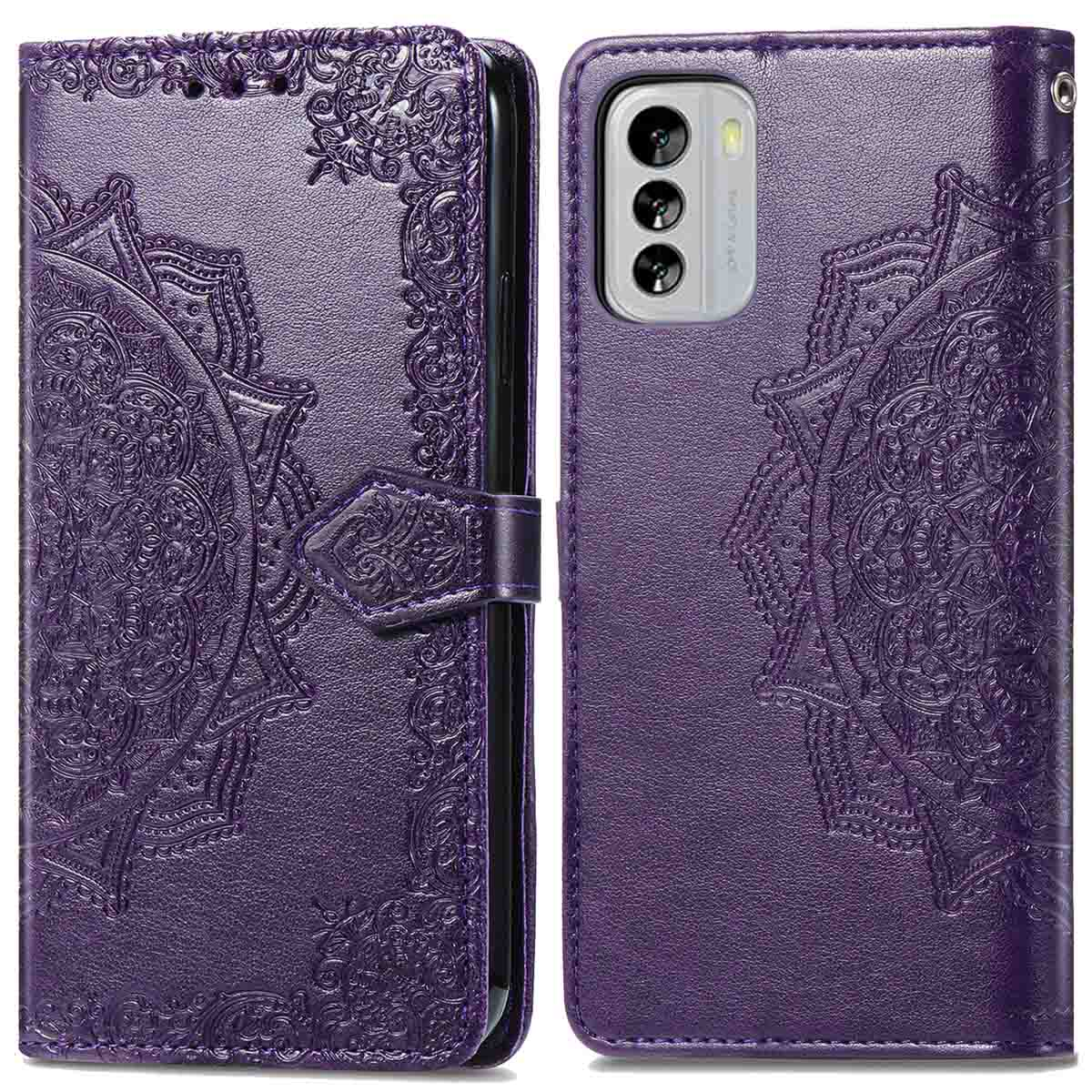 Étui de téléphone violet, fermé et ouvert. L'étui ouvert montre le téléphone, le fermé montre un motif décoratif et une fermeture.