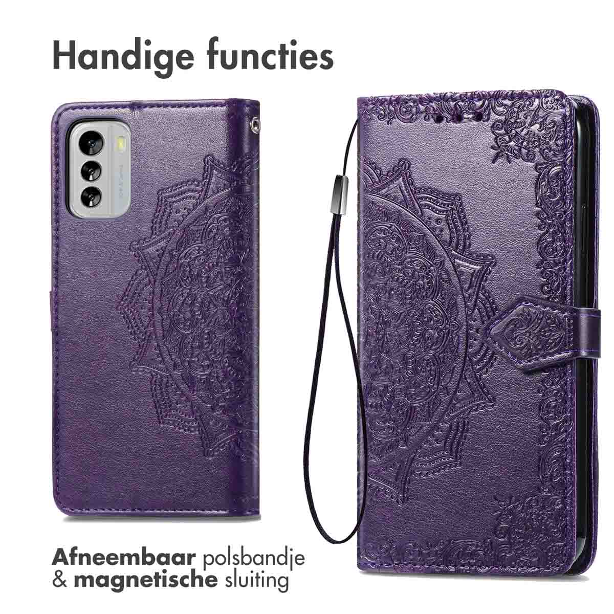 Coque de téléphone violette avec motif mandala. Avec dragonne et fermeture magnétique.