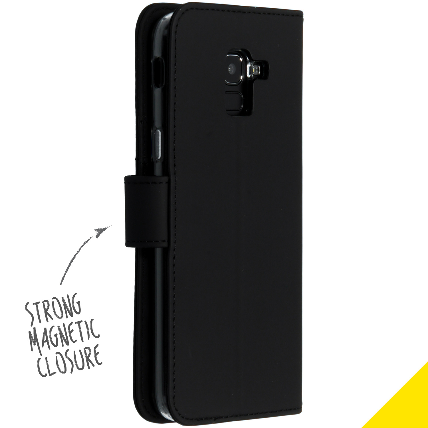 Zwarte telefoonhoes open, met een telefoon erin. Tekst zegt 'sterke magnetische sluiting'.