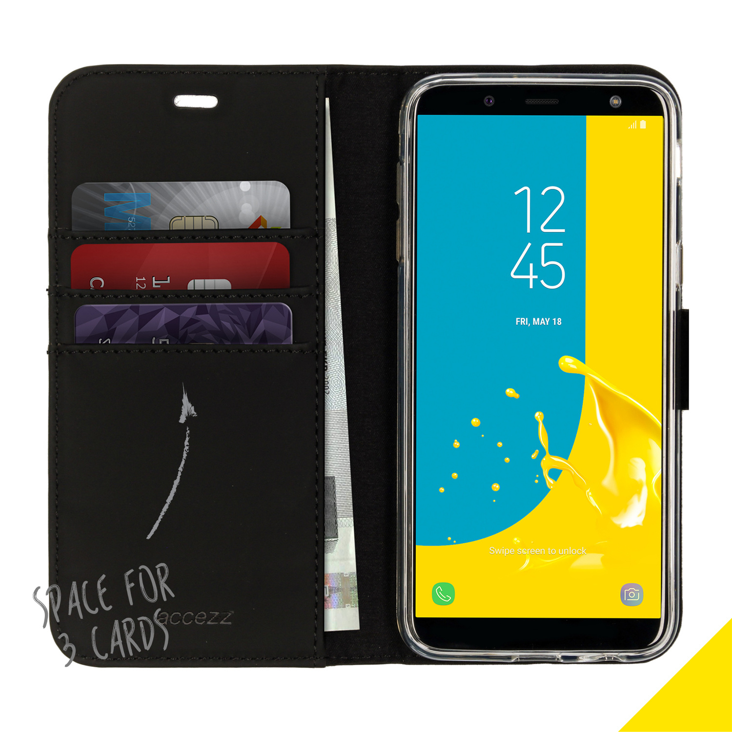 Zwarte telefoonportemonnee. Telefoon toont tijd. Ruimte voor 3 kaarten. Tekst: Ruimte voor 3 kaarten.