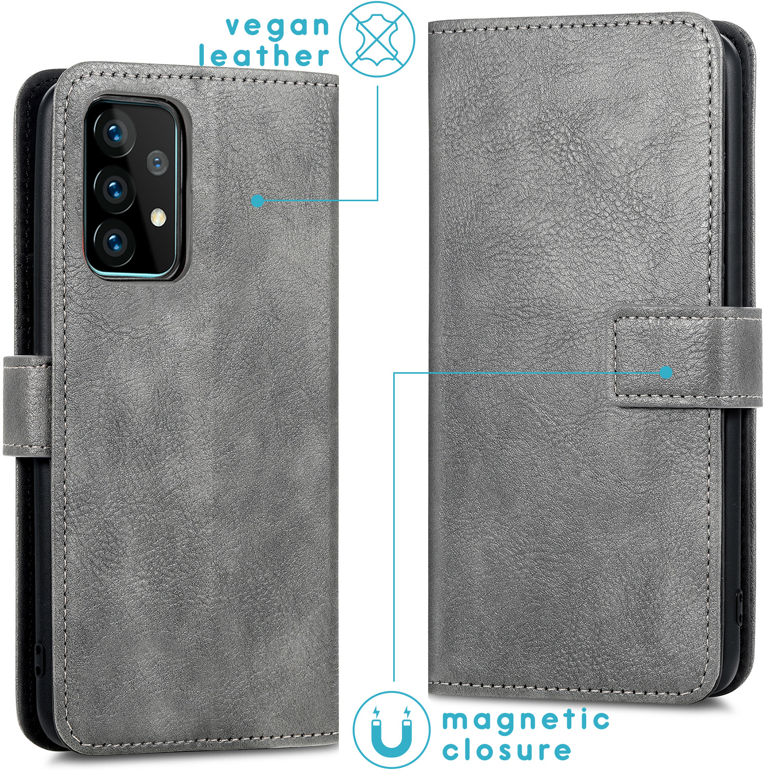 Custodia per telefono grigia in pelle vegana, aperta e chiusa, con chiusura magnetica. Il testo dice pelle vegana e chiusura magnetica.