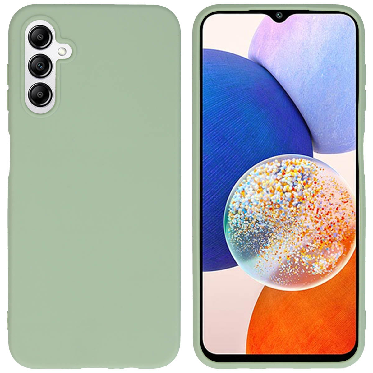 Groene telefoonhoes. Een telefoon is zichtbaar aan de rechterkant. De hoes heeft drie camera's.