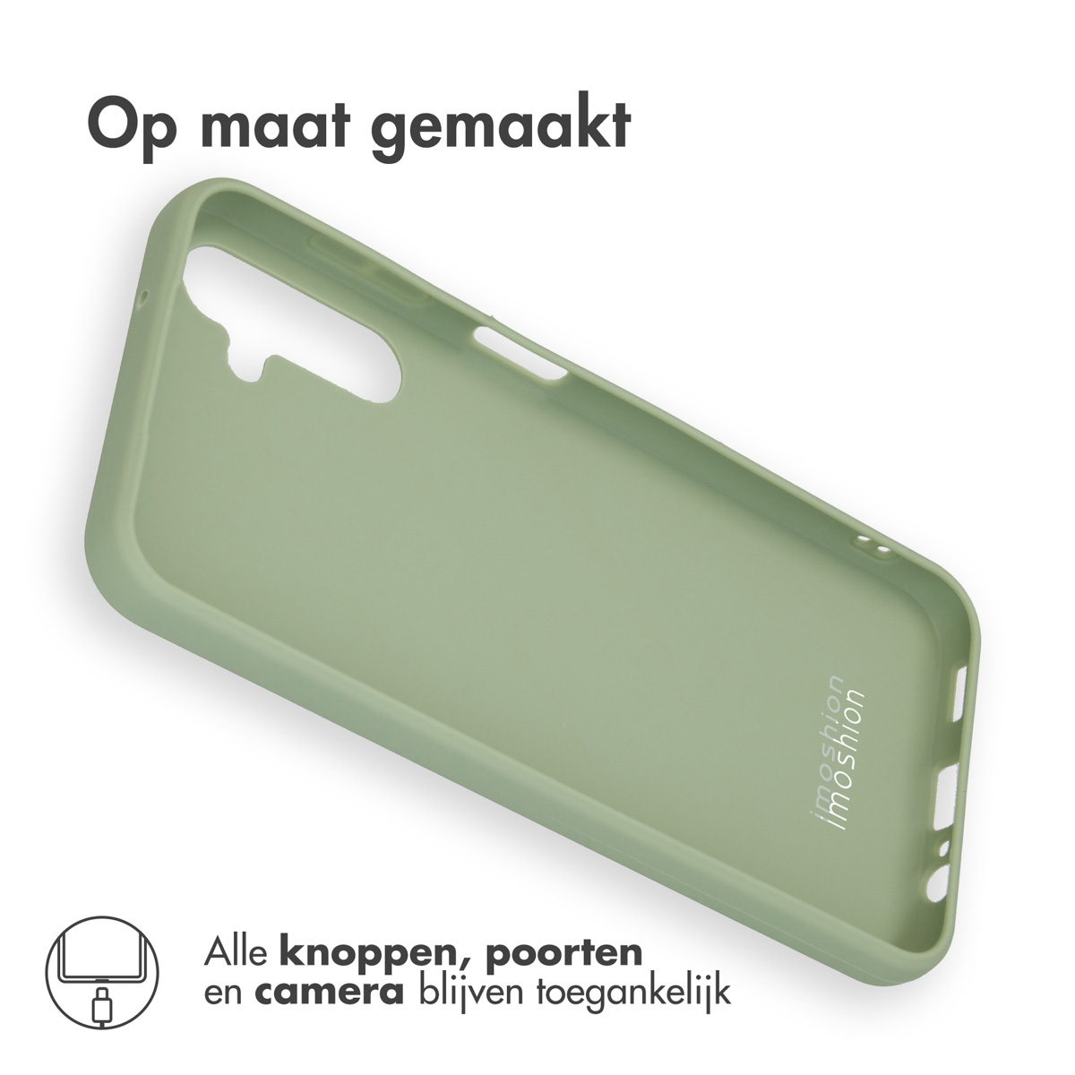 Groen telefoonhoesje. Tekst: Alle knoppen, poorten en camera blijven toegankelijk.