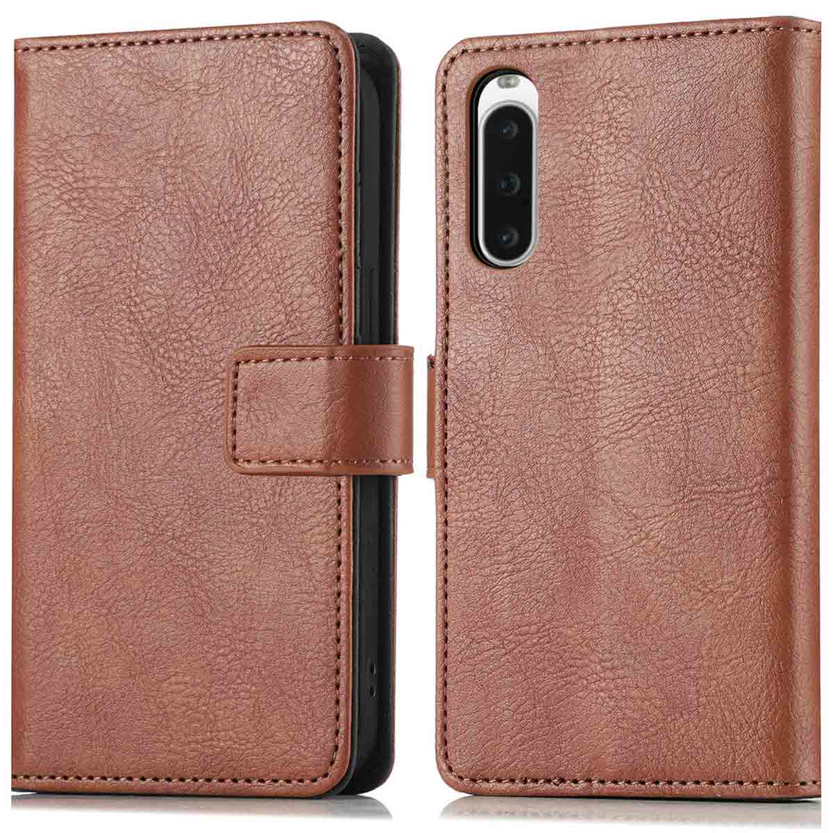 Étui de téléphone en cuir marron, ouvert et fermé, avec fermoir.