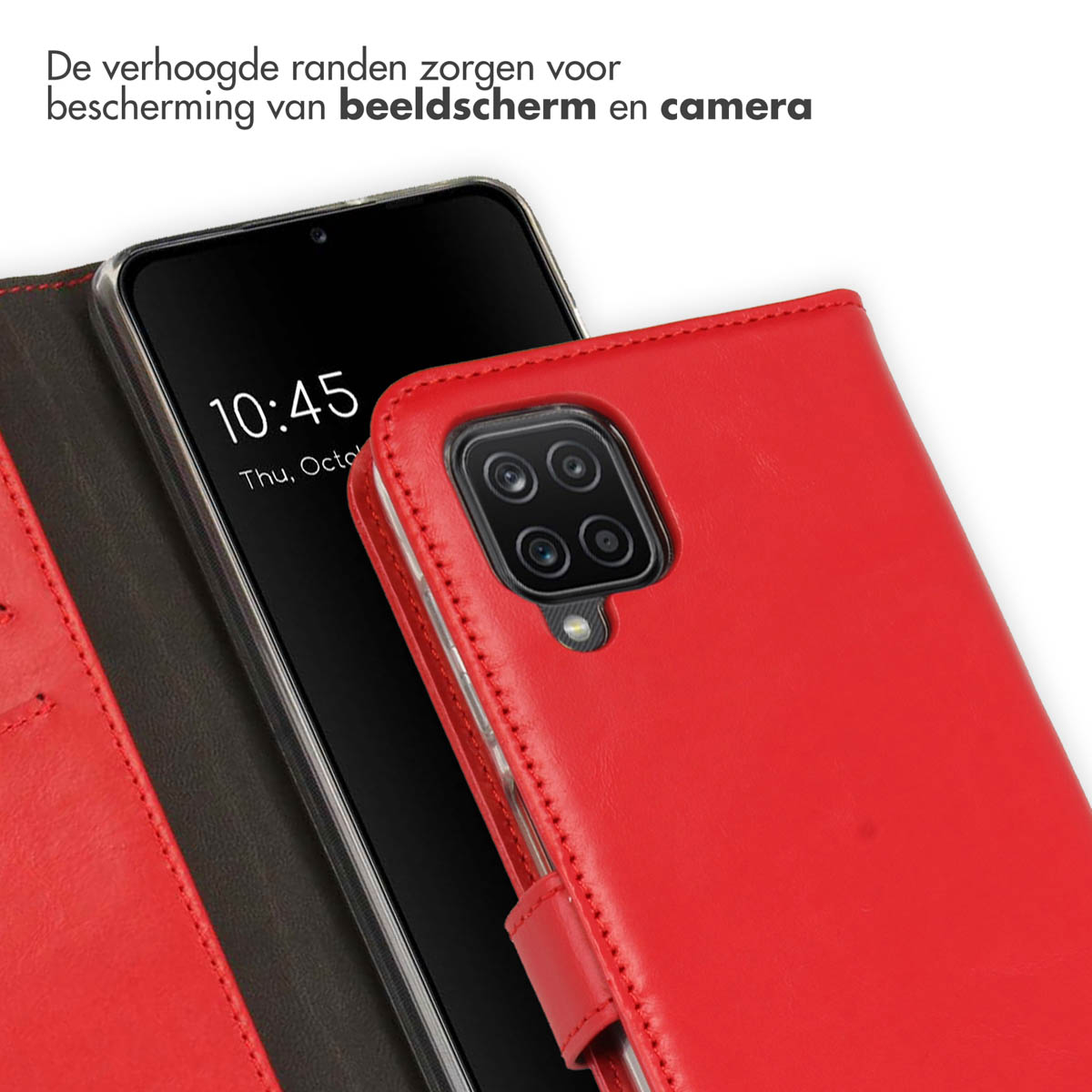 Rode telefoonhoes met een telefoon erin, die de tijd weergeeft.
