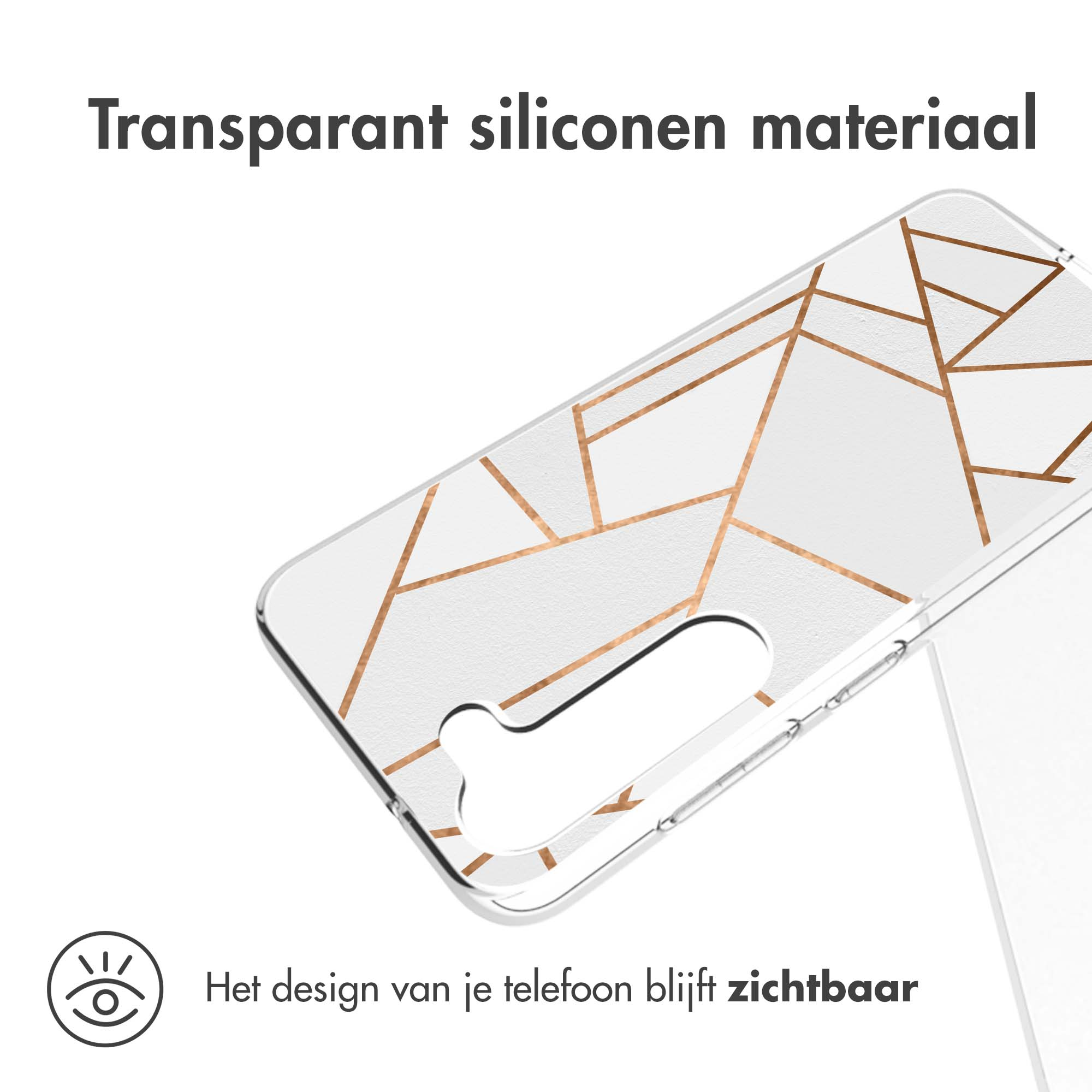Clear phone case with gold geometric design. The phone design is visible. Transparent material.