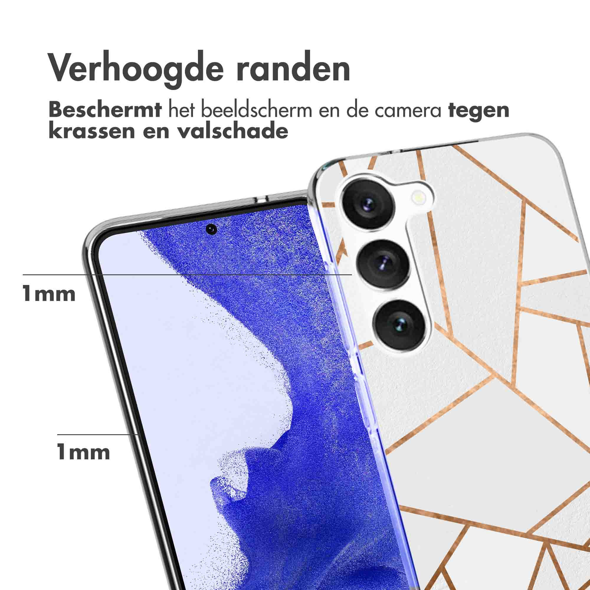 Phone case with a geometric pattern, showing raised edges for screen and camera protection.