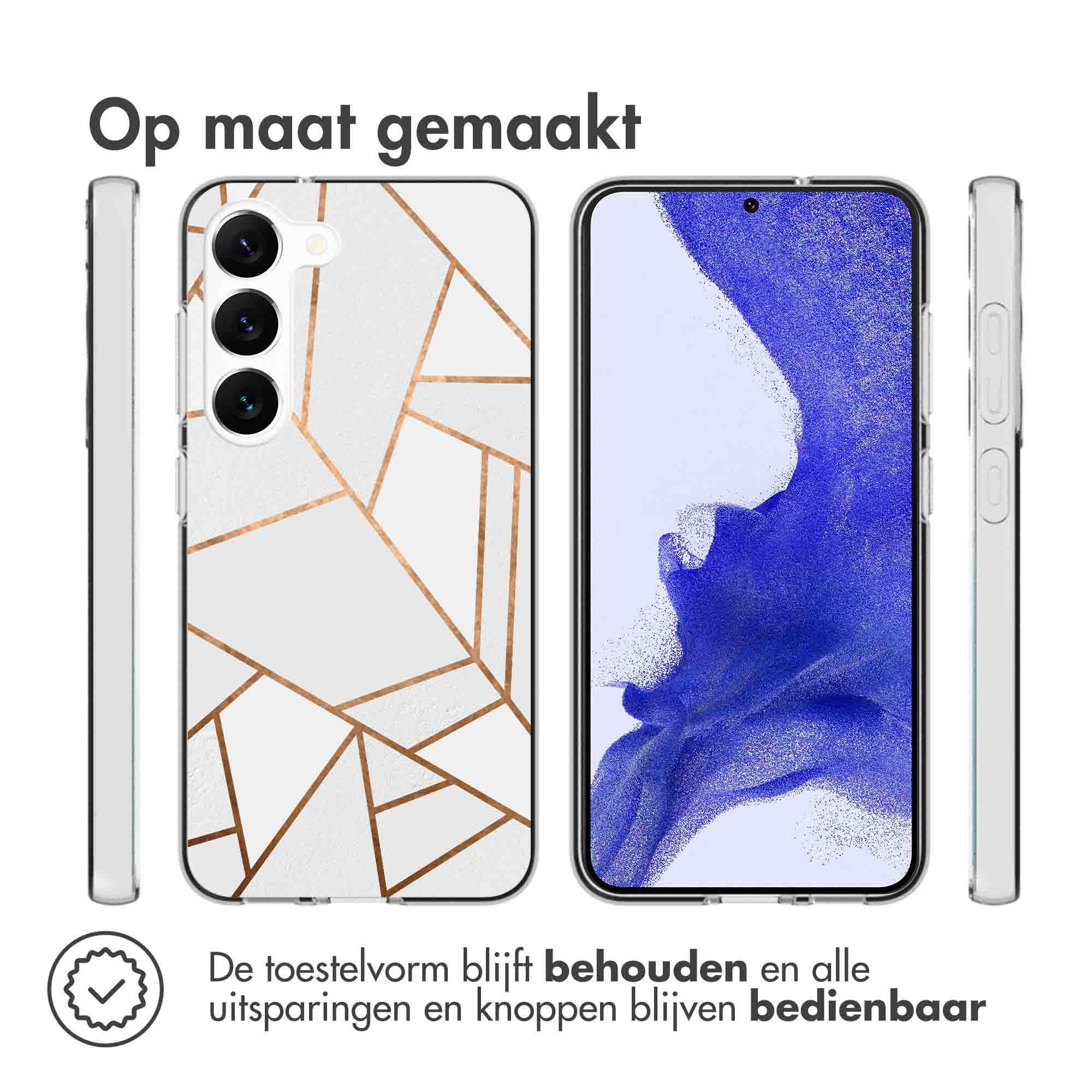 White phone case with a gold geometric pattern. It keeps the phone's original shape and buttons.