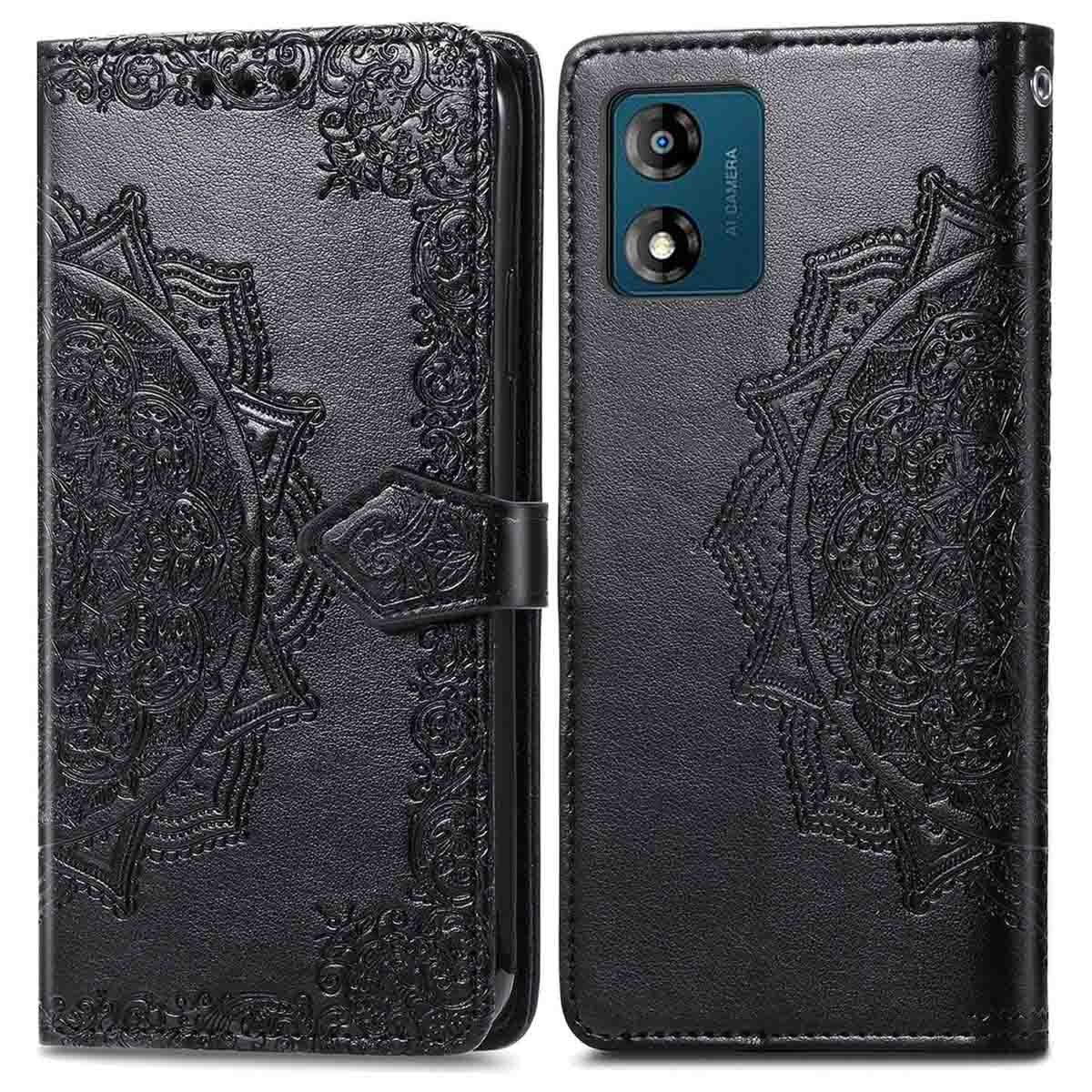 Een zwarte telefoonhoes met een mandala-ontwerp. De telefoonhoes heeft een polsbandje.