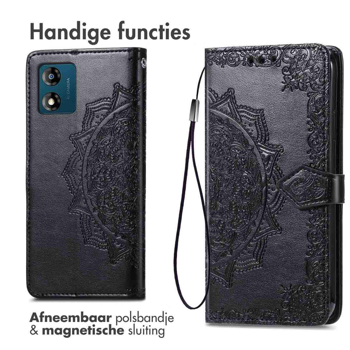 Een zwarte telefoonhoes met een telefoon erin. De hoes heeft een mandala-ontwerp en een riem.