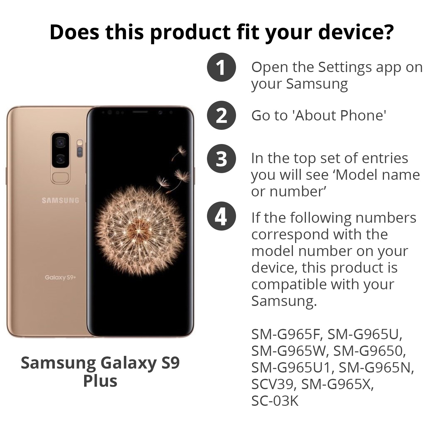 Instructions pour vérifier la compatibilité du modèle de téléphone. Montre un Samsung doré et un Samsung Galaxy S9 Plus noir.