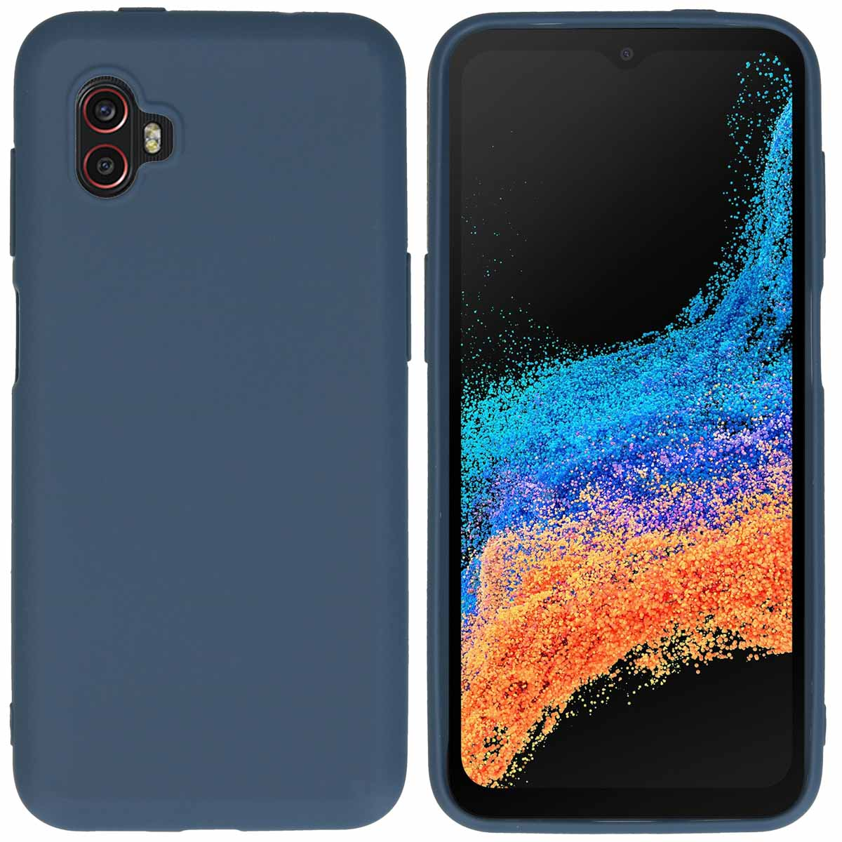 Twee afbeeldingen van een blauwe telefoonhoes. De hoes bedekt de telefoon. Het scherm van de telefoon is zichtbaar.