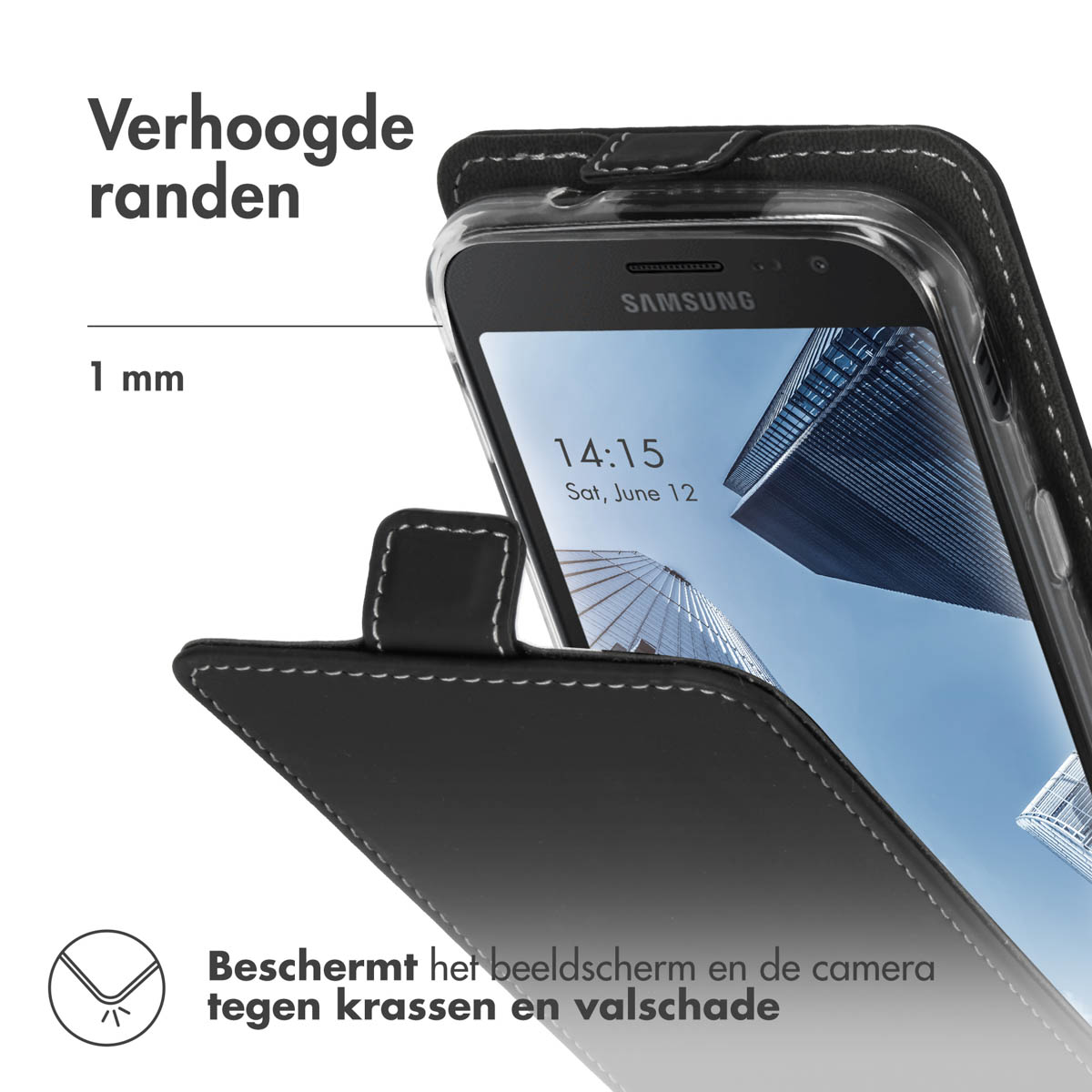 Coque de téléphone noire avec téléphone à l'intérieur. Texte : Bords surélevés. Texte : protège l'écran et l'appareil photo des rayures et des dommages.